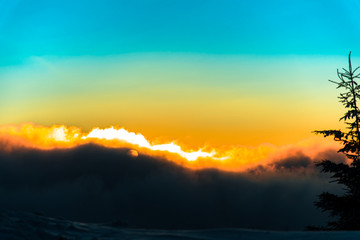 Winter sunset in carpathian mountains