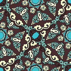 Vector abstract seamless patchwork pattern. Arabic tile texture with geometric and floral ornaments. Decorative elements for textile, book covers, print, gift wrap. Vintage boho style.