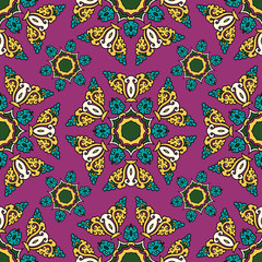 Vector abstract seamless patchwork pattern. Arabic tile texture with geometric and floral ornaments. Decorative elements for textile, book covers, print, gift wrap. Vintage boho style.