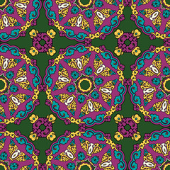 Vector abstract seamless patchwork pattern. Arabic tile texture with geometric and floral ornaments. Decorative elements for textile, book covers, print, gift wrap. Vintage boho style.