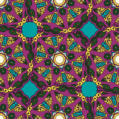 Vector abstract seamless patchwork pattern. Arabic tile texture with geometric and floral ornaments. Decorative elements for textile, book covers, print, gift wrap. Vintage boho style.
