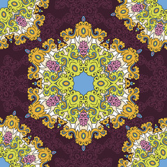 Vector abstract seamless patchwork pattern. Arabic tile texture with geometric and floral ornaments. Decorative elements for textile, book covers, print, gift wrap. Vintage boho style.