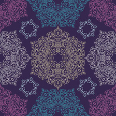 Vector abstract seamless patchwork pattern. Arabic tile texture with geometric and floral ornaments. Decorative elements for textile, book covers, print, gift wrap. Vintage boho style.