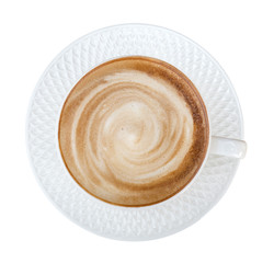 Top view of hot coffee cappuccino spiral foam isolated on white background, clipping path included