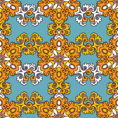 Fototapeta na wymiar Vector abstract seamless patchwork pattern. Arabic tile texture with geometric and floral ornaments. Decorative elements for textile, book covers, print, gift wrap. Vintage boho style.