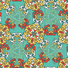 Naklejka premium Vector abstract seamless patchwork pattern. Arabic tile texture with geometric and floral ornaments. Decorative elements for textile, book covers, print, gift wrap. Vintage boho style.