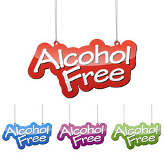 Set vector illustrations isolated tag banner alcohol free in four color variant red, blue, purple and green. This element is wel adapted for web design.