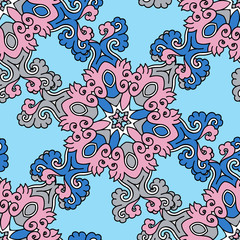 Vector abstract seamless patchwork pattern. Arabic tile texture with geometric and floral ornaments. Decorative elements for textile, book covers, print, gift wrap. Vintage boho style.