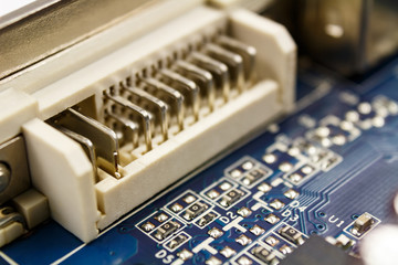 Fragment of the port to connect LCD monitor and circuit board closeup