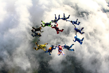 Formation of skydivers in the sky