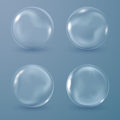 Set of transparent soap bubbles on dark blue background, vector illustration