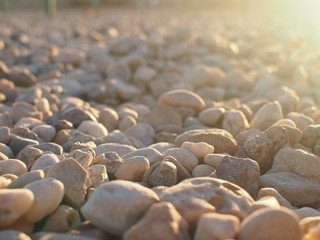 Pebbles on the beach in the rays of the evening sun