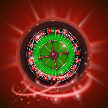 Realistic casino gambling roulette wheel, isolated on red background.