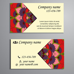 Visiting card and business card set with mandala design element logo. Abstract oriental Layout. Front page and back page