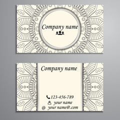 Visiting card and business card set with mandala design element logo. Abstract oriental Layout. Front page and back page