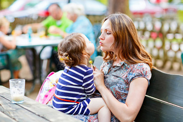 mother relaxing together with her little child, adorable toddler girl