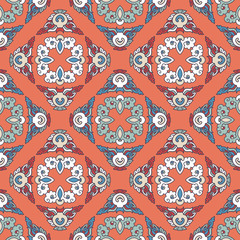 Vector abstract seamless patchwork pattern. Arabic tile texture with geometric and floral ornaments. Decorative elements for textile, book covers, print, gift wrap. Vintage boho style.