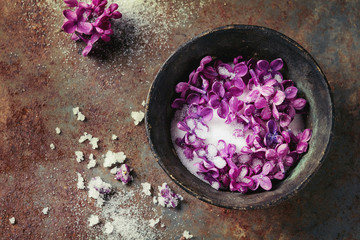 Vintage Iron bowl of lilac flowers in sugar with fresh flowers over old rusty iron background. Top view. With copy space