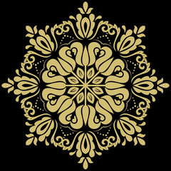 Oriental round pattern with arabesques and floral elements. Traditional classic ornament. Black and golden pattern