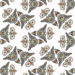 Vector abstract seamless patchwork pattern. Arabic tile texture with geometric and floral ornaments. Decorative elements for textile, book covers, print, gift wrap. Vintage boho style.