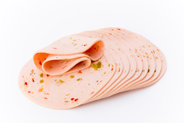 Sliced boiled ham sausage isolated on white background, top view.