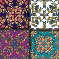 Vector abstract seamless patchwork pattern. Arabic tile texture with geometric and floral ornaments. Decorative elements for textile, book covers, print, gift wrap. Vintage boho style.