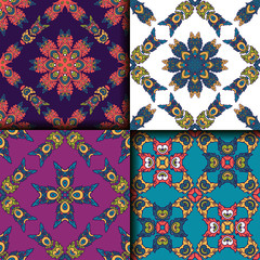 Vector abstract seamless patchwork pattern. Arabic tile texture with geometric and floral ornaments. Decorative elements for textile, book covers, print, gift wrap. Vintage boho style.