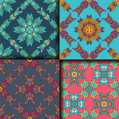 Vector abstract seamless patchwork pattern. Arabic tile texture with geometric and floral ornaments. Decorative elements for textile, book covers, print, gift wrap. Vintage boho style.