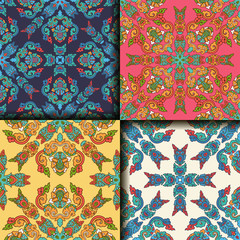 Vector abstract seamless patchwork pattern. Arabic tile texture with geometric and floral ornaments. Decorative elements for textile, book covers, print, gift wrap. Vintage boho style.