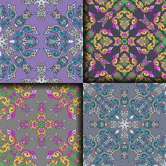 Vector abstract seamless patchwork pattern. Arabic tile texture with geometric and floral ornaments. Decorative elements for textile, book covers, print, gift wrap. Vintage boho style.