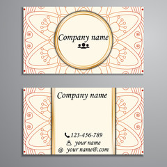 Fototapeta na wymiar Visiting card and business card set with mandala design element logo. Abstract oriental Layout. Front page and back page