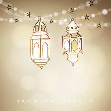 Hand drawn illuminated Arabic lamps, lanterns with bokeh lights and stars. Vector illustration for Muslim community holy month Ramadan Kareem, modern blurred golden festive background.