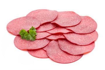 Salami smoked sausage one slice isolated on white background cutout.
