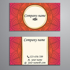 Visiting card and business card set with mandala design element logo. Abstract oriental Layout. Front page and back page