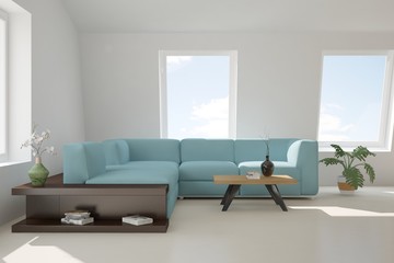 White room with sofa. Scandinavian interior design