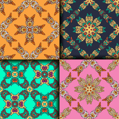 Vector abstract seamless patchwork pattern. Arabic tile texture with geometric and floral ornaments. Decorative elements for textile, book covers, print, gift wrap. Vintage boho style.