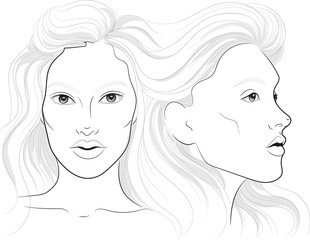 vector portrait of a woman's profile and full face with long beautiful hair, facechart, face chart  for makeup - 138732687