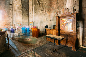 Mtskheta Georgia. Icon Of Holy Trinity Inside Wooden Carved Icon