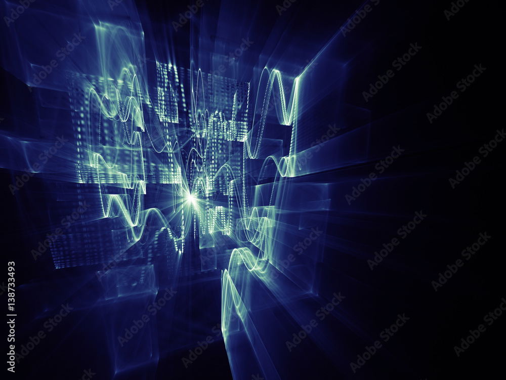 Poster abstract background element. three-dimensional composition of wave shapes, grids and beams. electron