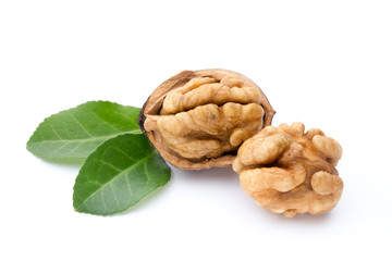 Walnut and walnut kernel isolated on the white background.