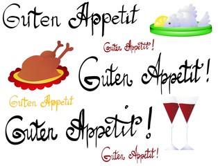 Vector of good appetite lettering set. Hand drawn lettering design quote, written in german language. Calligraphy font for poster or banner with illustration of cooked chicken, fish and lemon, wine
