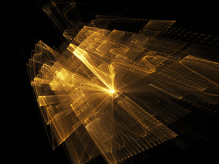 Abstract background element. Three-dimensional composition of wave shapes, grids and beams. Media information concept. Black and yellow colors.