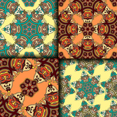 Vector abstract seamless patchwork pattern. Arabic tile texture with geometric and floral ornaments. Decorative elements for textile, book covers, print, gift wrap. Vintage boho style.