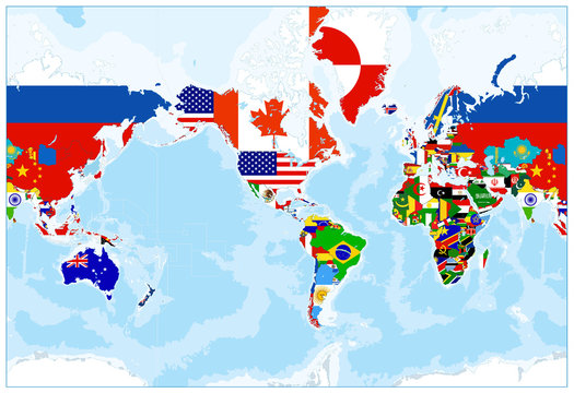 World Map Flags - America in center - Bathymetry