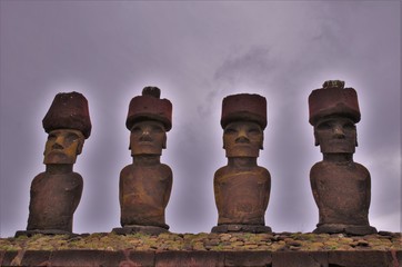 Shot of the Moai statues at Anakena Beach in Easter Island, Rapa Nui, Chile, South America