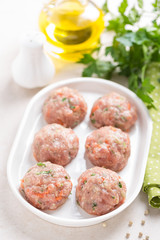 Raw meatballs on white plate, cooking in kitchen