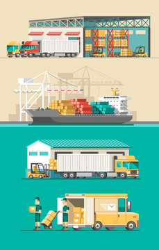 Delivery service concept. Container cargo ship loading, truck loader, warehouse. Flat style vector illustration.
