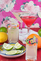 Mexican fiesta table with assorted margaritas cocktail.