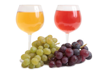 Bottle glass of wine and grapes on white background