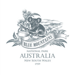 Naklejka premium Коала, национальный парк Голубые Горы, Австралия, в сером цвете, иллюстрация, вектор